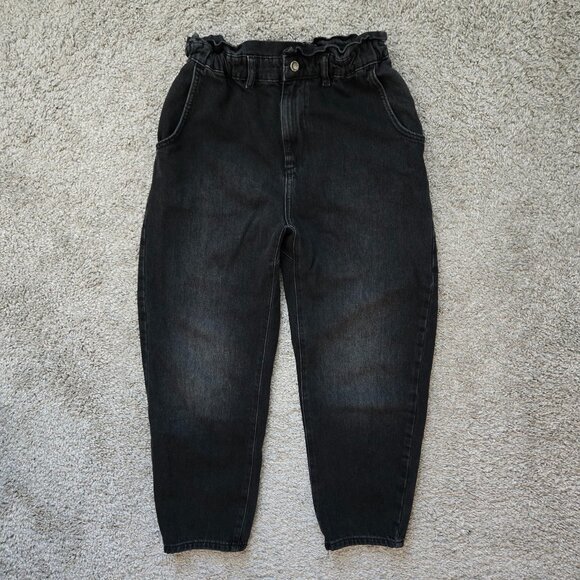 Zara Baggy Paper Bag Barrel Jeans Faded Black High Rise Stretch Waist 6 - Picture 1 of 7